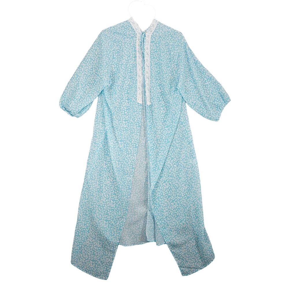 Jen & Co Blue Sheer White Lace Trim Tie Neck Open‎ Nightgown Lounge Robe OSFM